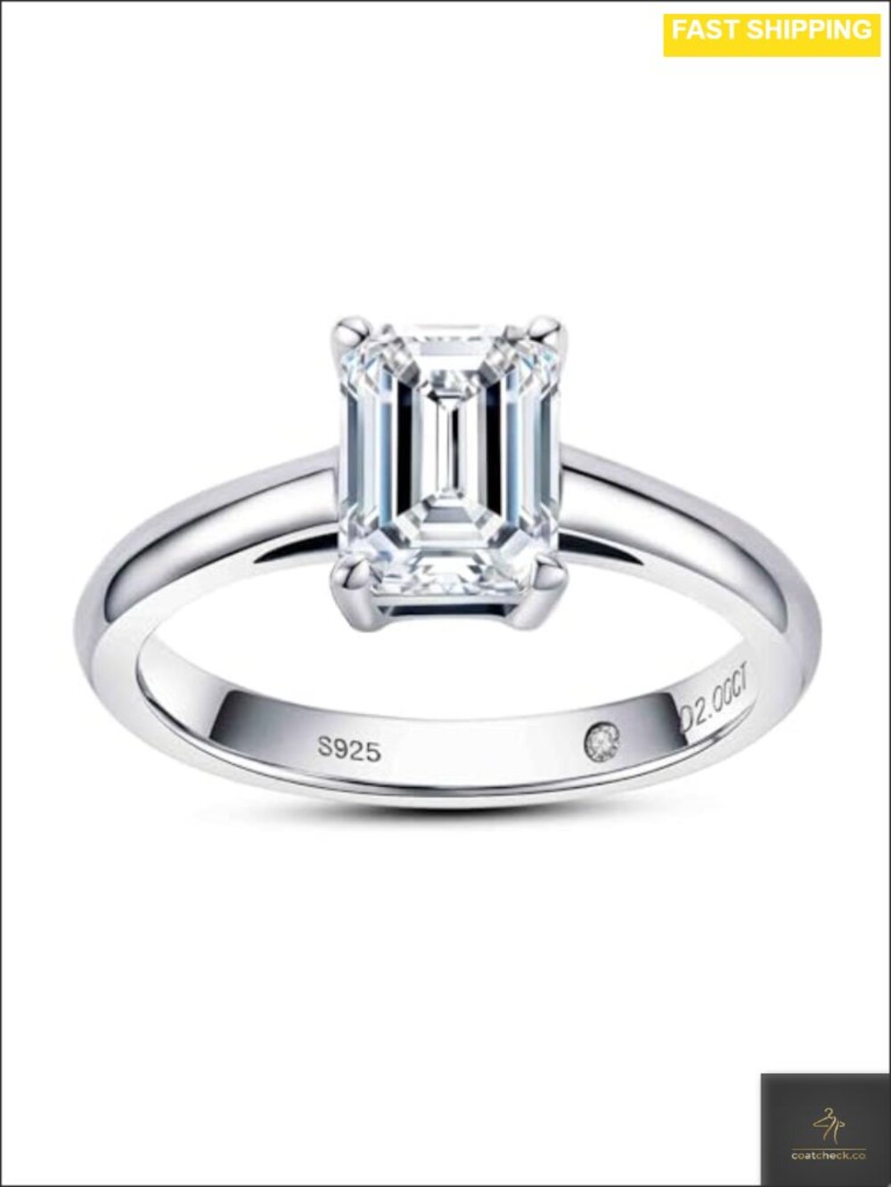 Moissanite Engagement Ring 925 Sterling Silver White Gold Plated Emerald Cut